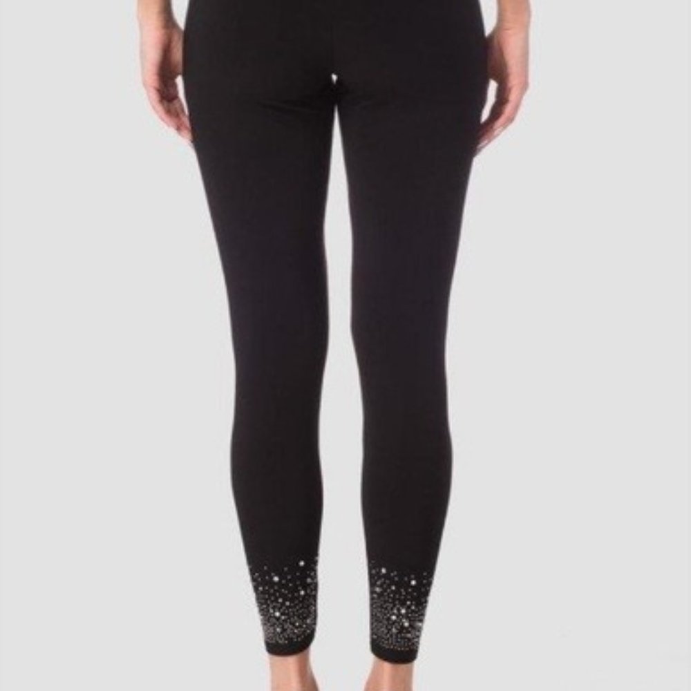 Joseph Ribkoff Black Leggings Rhinestone Ankle Embellished Pull-on Pants Size 14